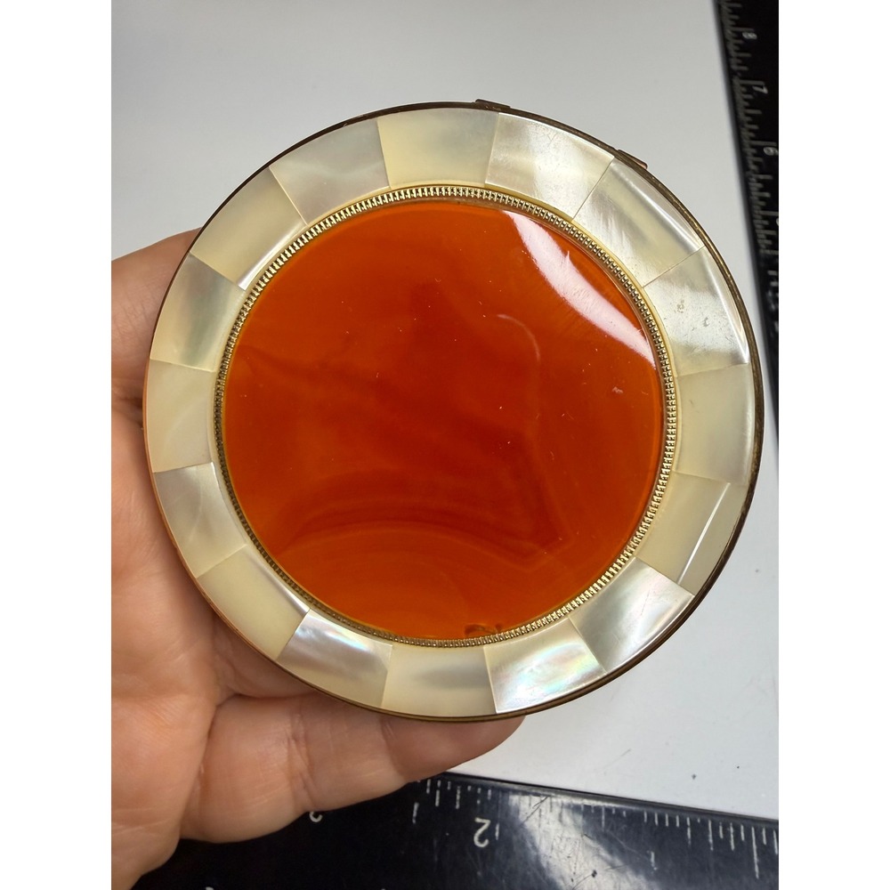 Vintage Stratton Powder Compact Orange Faux Agate Mother of Pearl Gold Tone 3in
